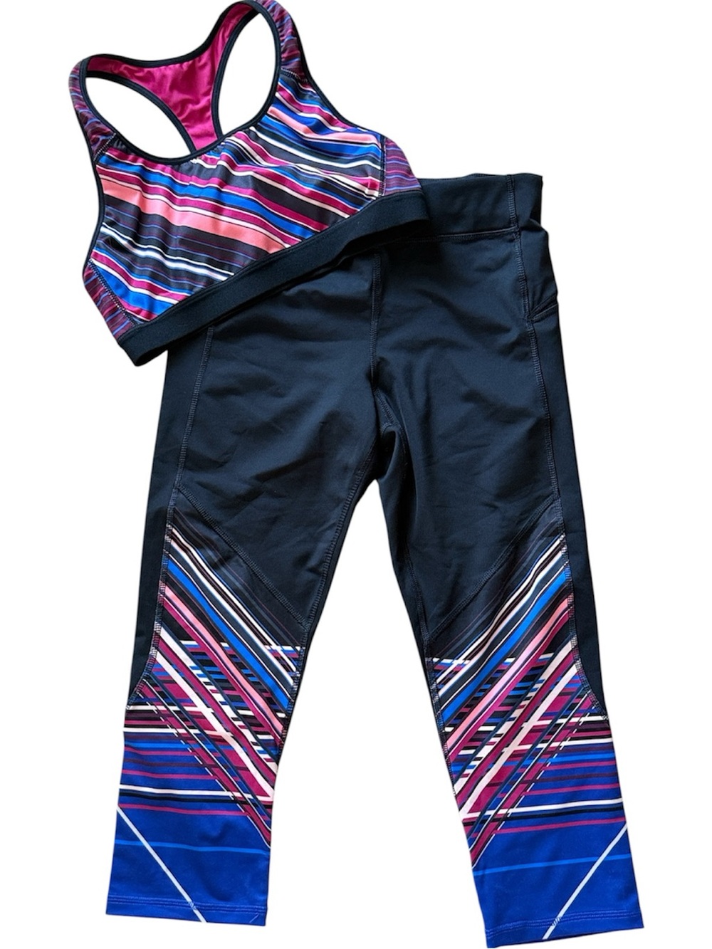C9 BY CHAMPION ATHLETIC CAPRI LEGGINGS & SPORTS BRA BLACK MULTI COLOR STRIPE MED